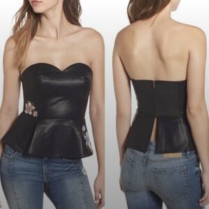 L O.A. Elegant Faux Leather Black Strapless Dress with Floral Embroidery